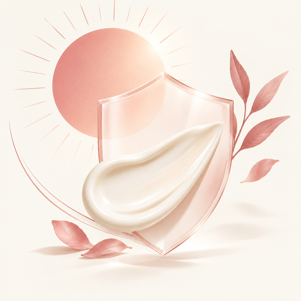 Illustrative sunscreen artwork, not a photograph of the actual product packaging